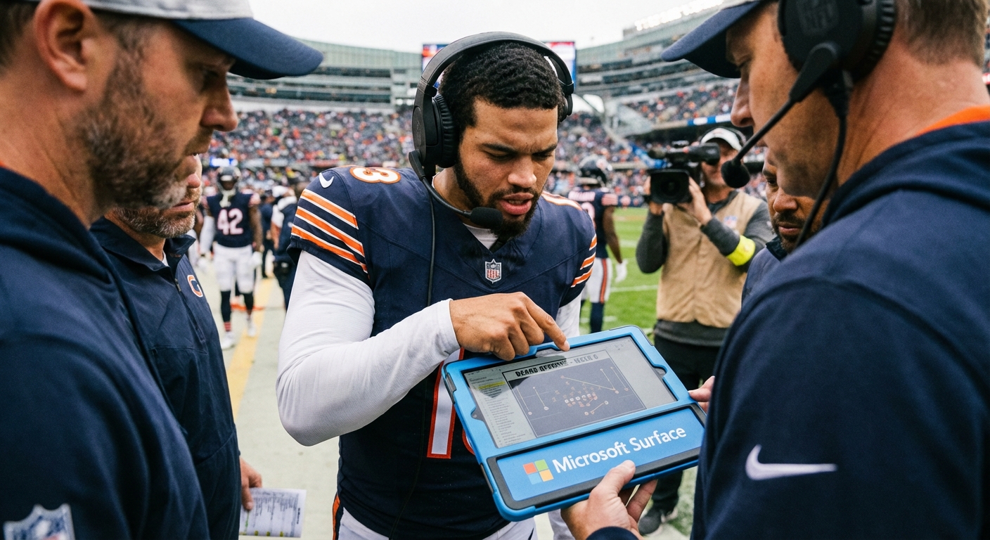 Caleb Williams on the sideline studying a tablet with coaches