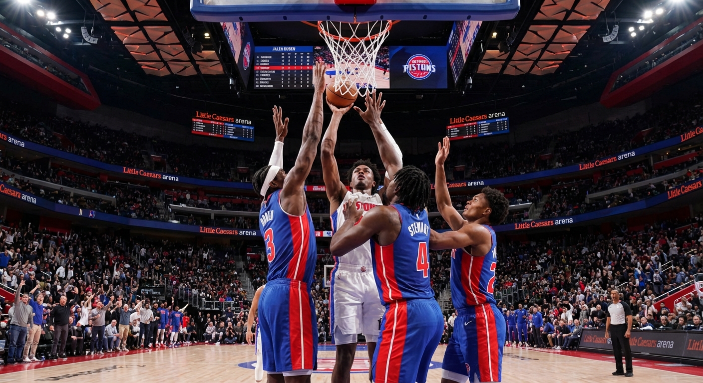 Pistons defenders contesting a shot at the rim