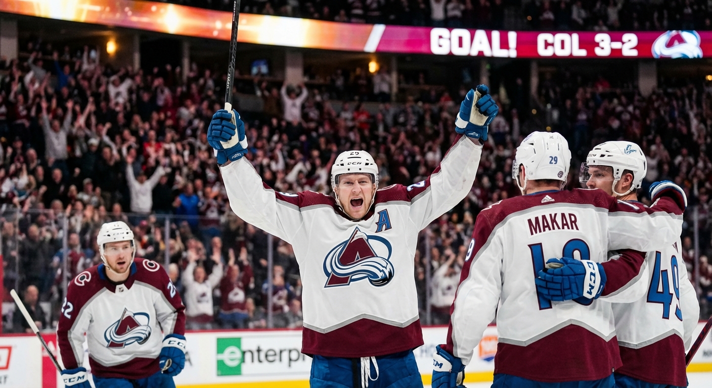 Nathan MacKinnon celebrating a goal with Avalanche teammates