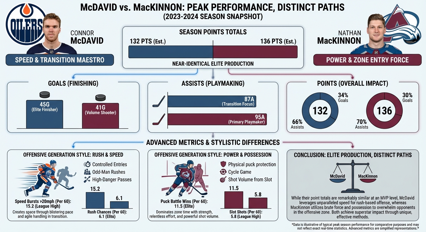 Hockey analytics dashboard showing McDavid and MacKinnon statistics comparison