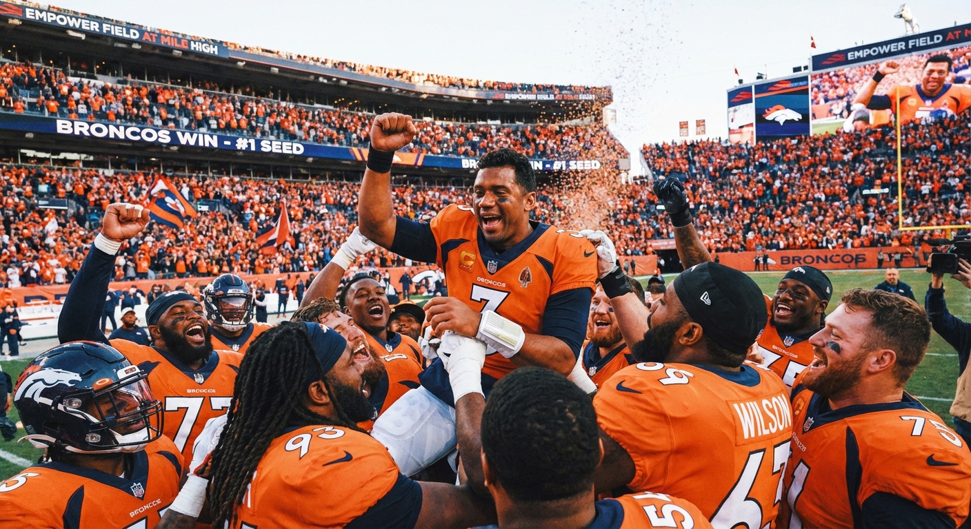 Denver Broncos players celebrating after clinching the AFC's top seed and first-round bye