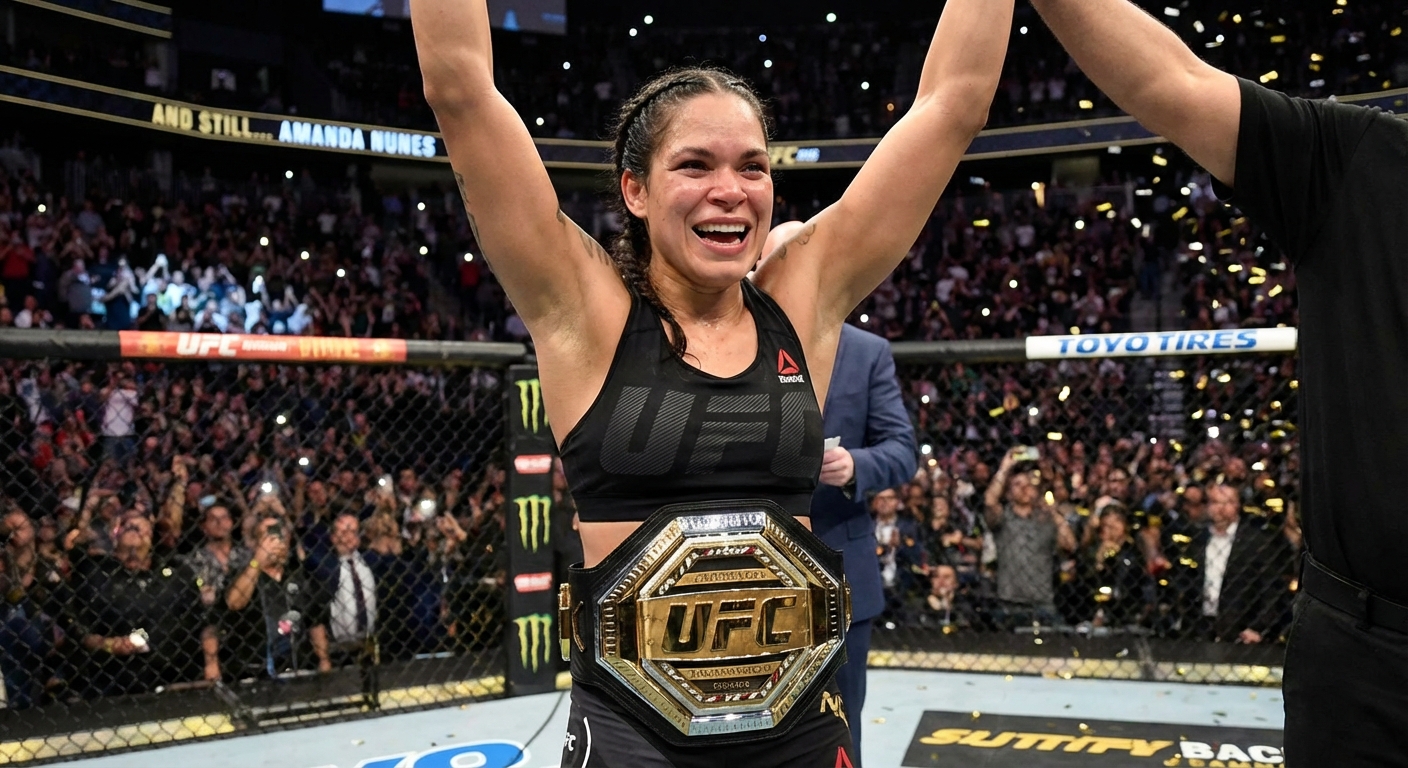 Amanda Nunes celebrating a victory with the UFC bantamweight championship belt