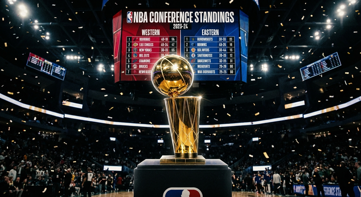 NBA championship trophy with conference standings displayed on arena screen