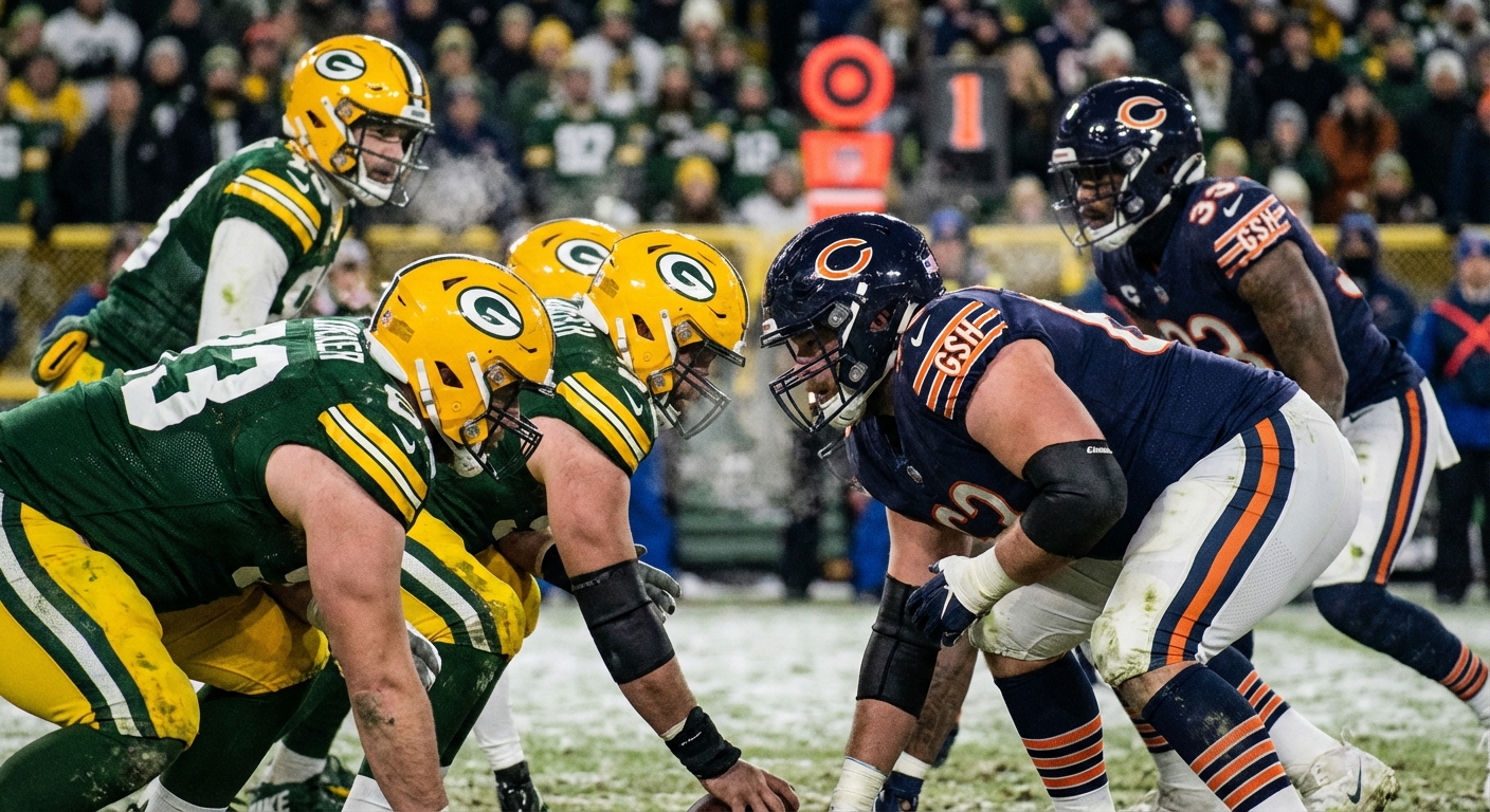 Green Bay Packers and Chicago Bears players lined up at the line of scrimmage in playoff atmosphere