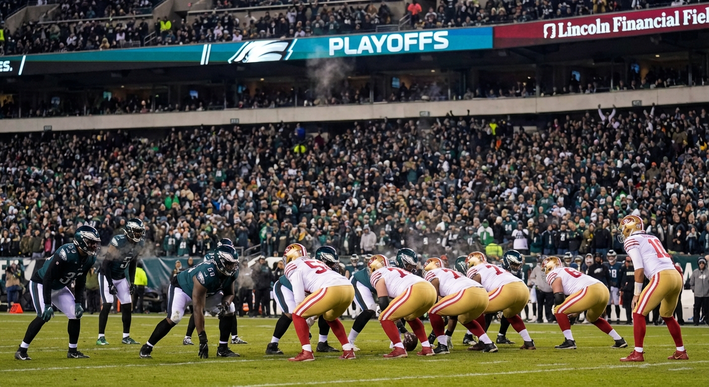 Philadelphia Eagles defense in action against San Francisco 49ers offensive formation