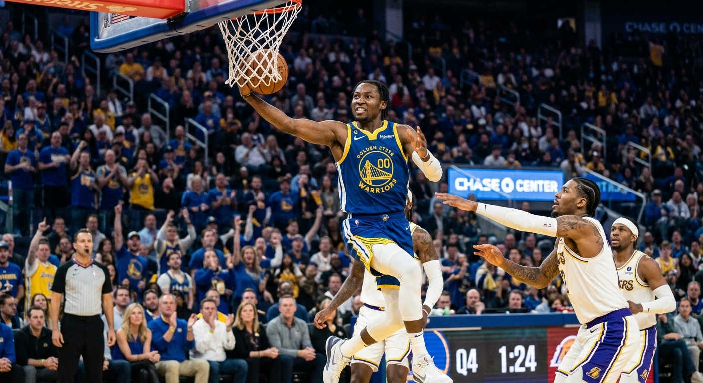 Jonathan Kuminga driving to the basket past defenders showcasing his athletic ability