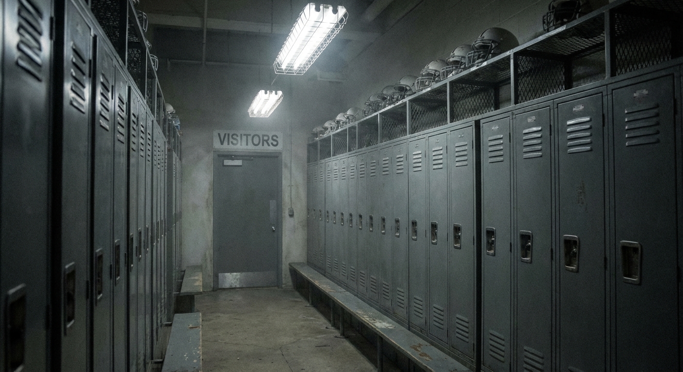 Empty visitor locker room in NFL stadium emphasizing the road team disadvantage