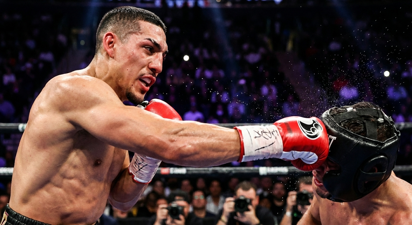 Teofimo Lopez throwing a powerful right hand combination during a boxing match