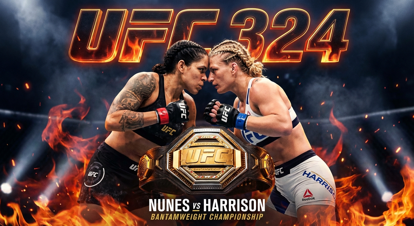 UFC 324 promotional poster showing Nunes and Harrison with title belt
