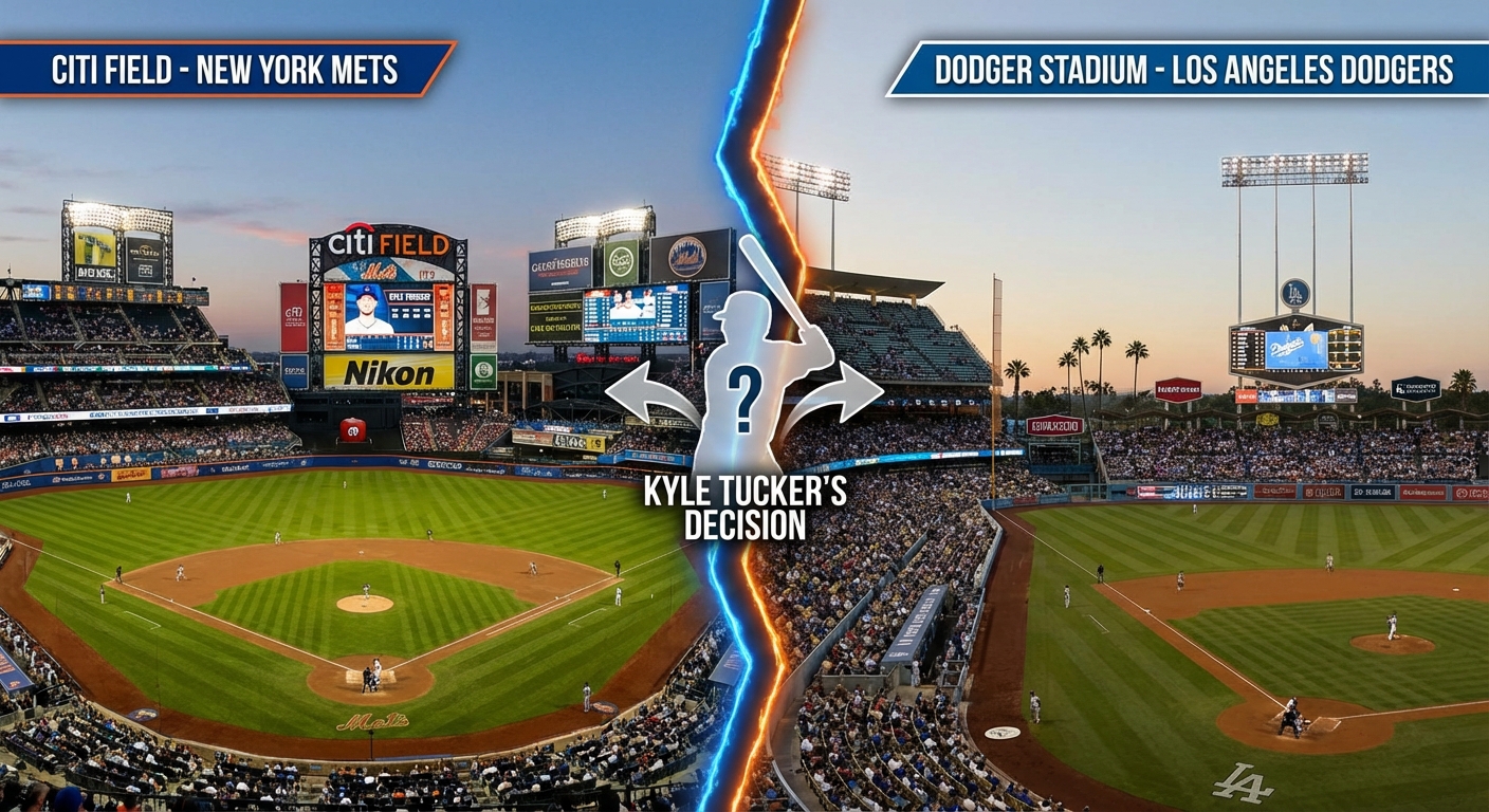 Citi Field and Dodger Stadium split image representing Tucker suitors