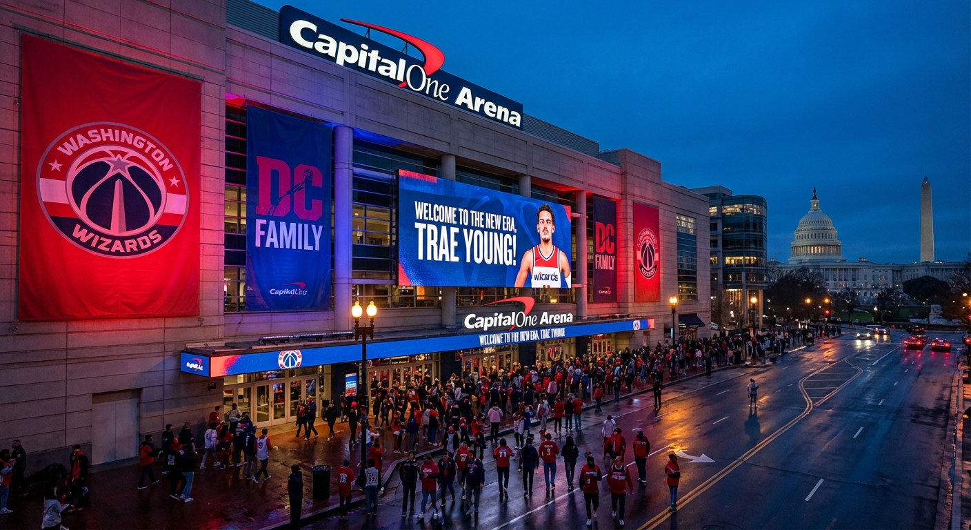 Capital One Arena exterior with Washington Wizards banners welcoming new era