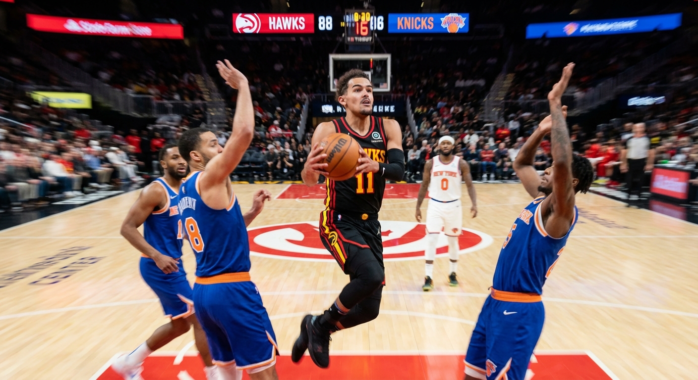 Trae Young driving to basket with defenders collapsing creating space for teammates