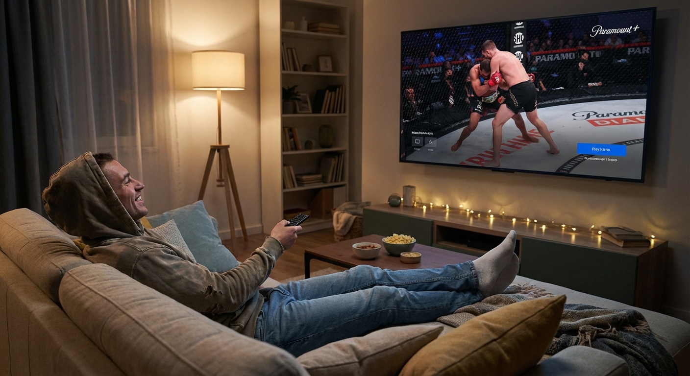 Fan watching UFC fight on television at home