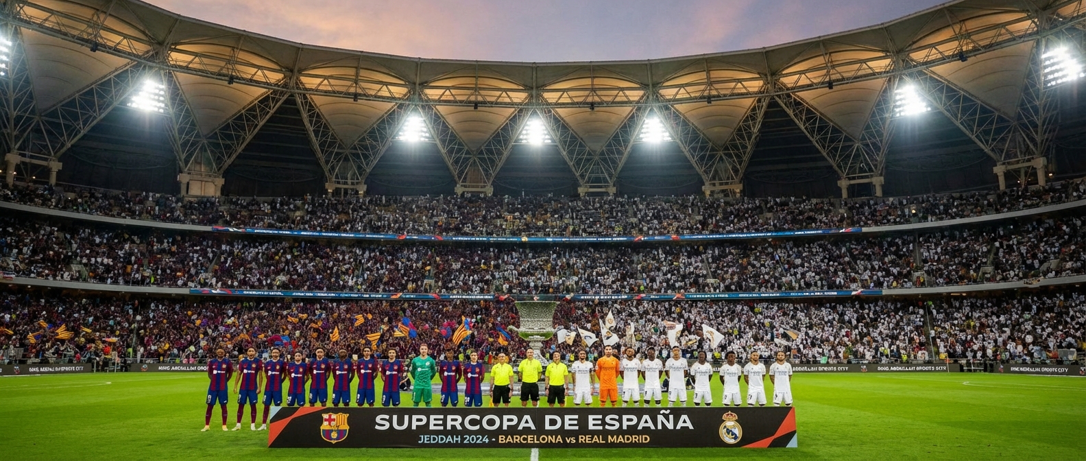 Barcelona and Real Madrid players lined up before El Clasico at King Abdullah Sports City