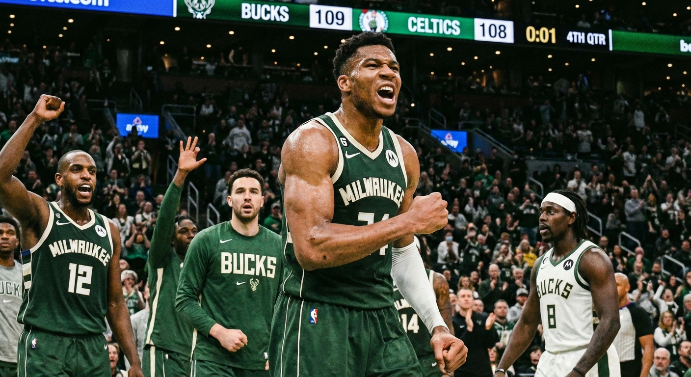 Giannis Antetokounmpo celebrating after defensive stop