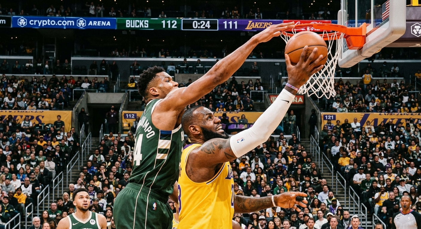 Giannis Antetokounmpo blocking LeBron James shot attempt in final minute