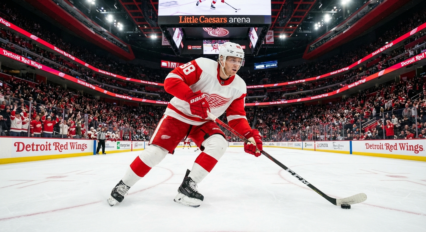 Patrick Kane skating in Detroit Red Wings uniform at Little Caesars Arena