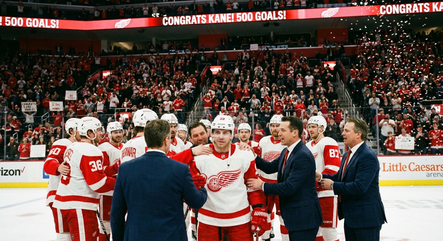 Patrick Kane accepting congratulations from teammates after milestone goal