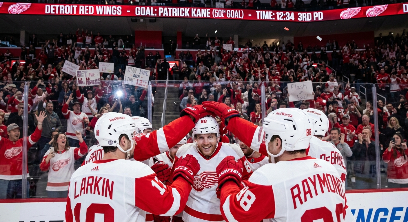 Patrick Kane celebrating his 500th career goal with Detroit Red Wings teammates