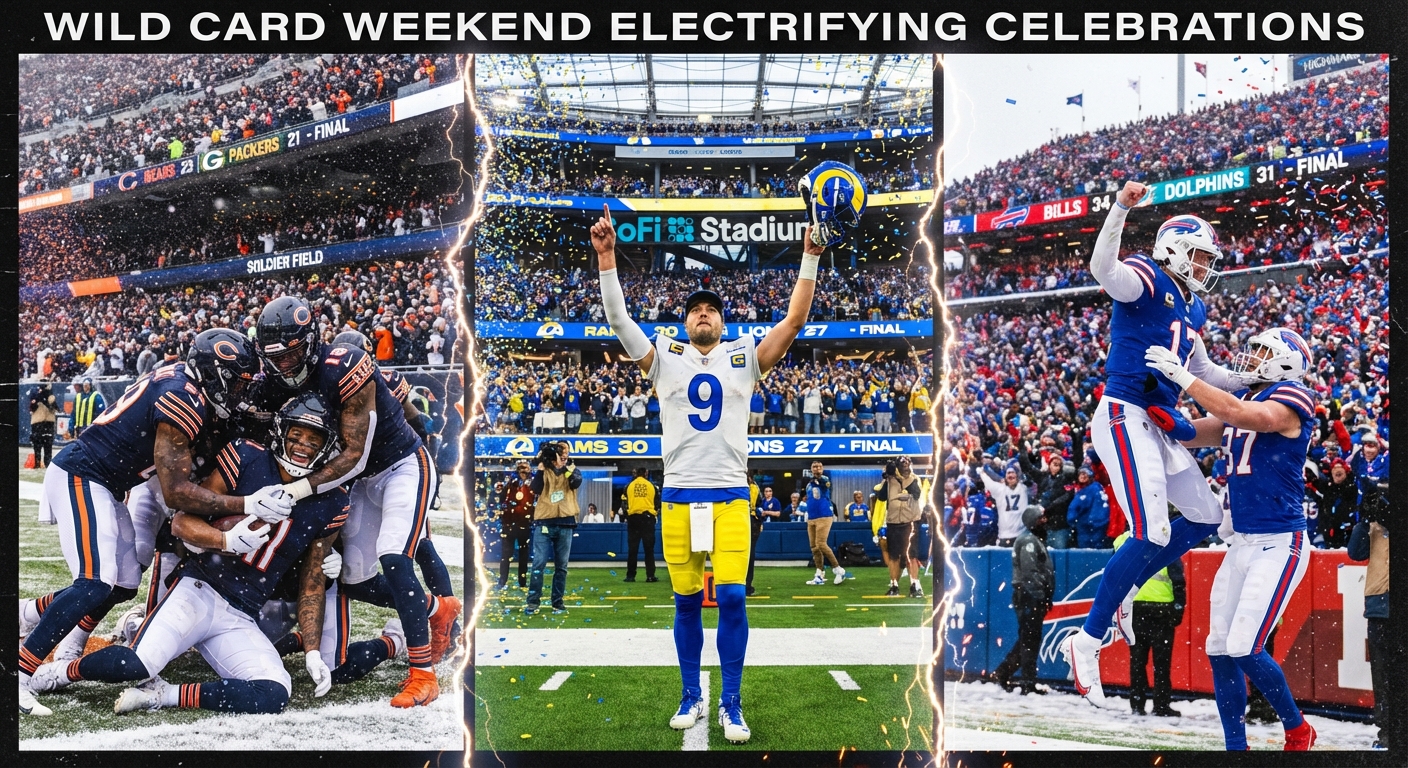 NFL playoff celebration montage showing dramatic game-winning moments