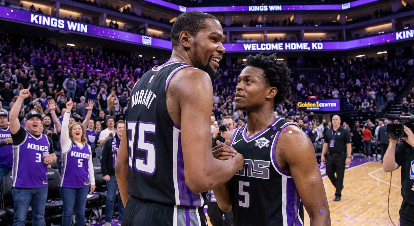 Kevin Durant and De'Aaron Fox celebrating during a Kings game