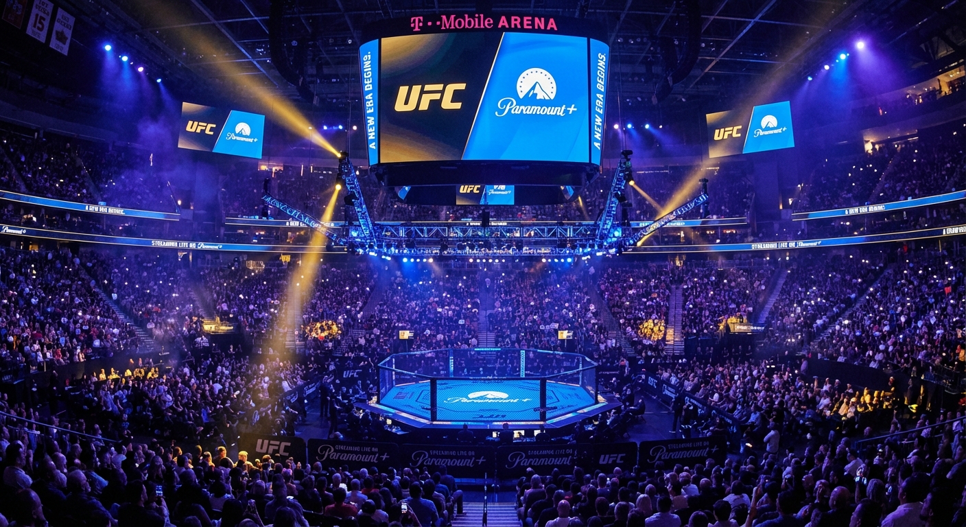 UFC Octagon with Paramount+ branding and streaming graphics