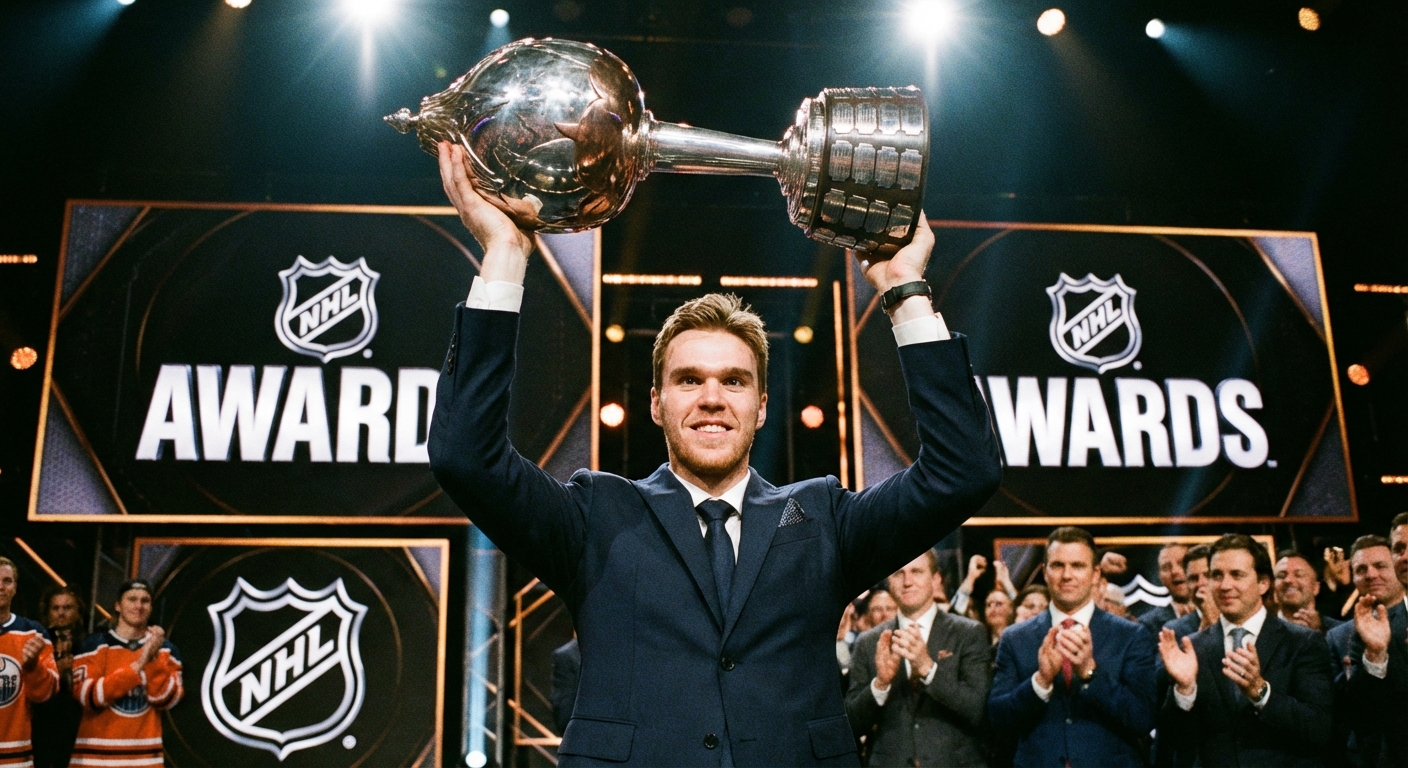 Connor McDavid hoisting the Hart Trophy at the NHL Awards