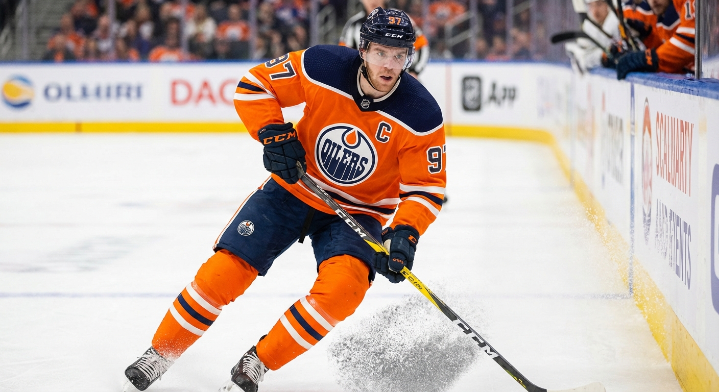 Connor McDavid skating with the puck during his historic point streak