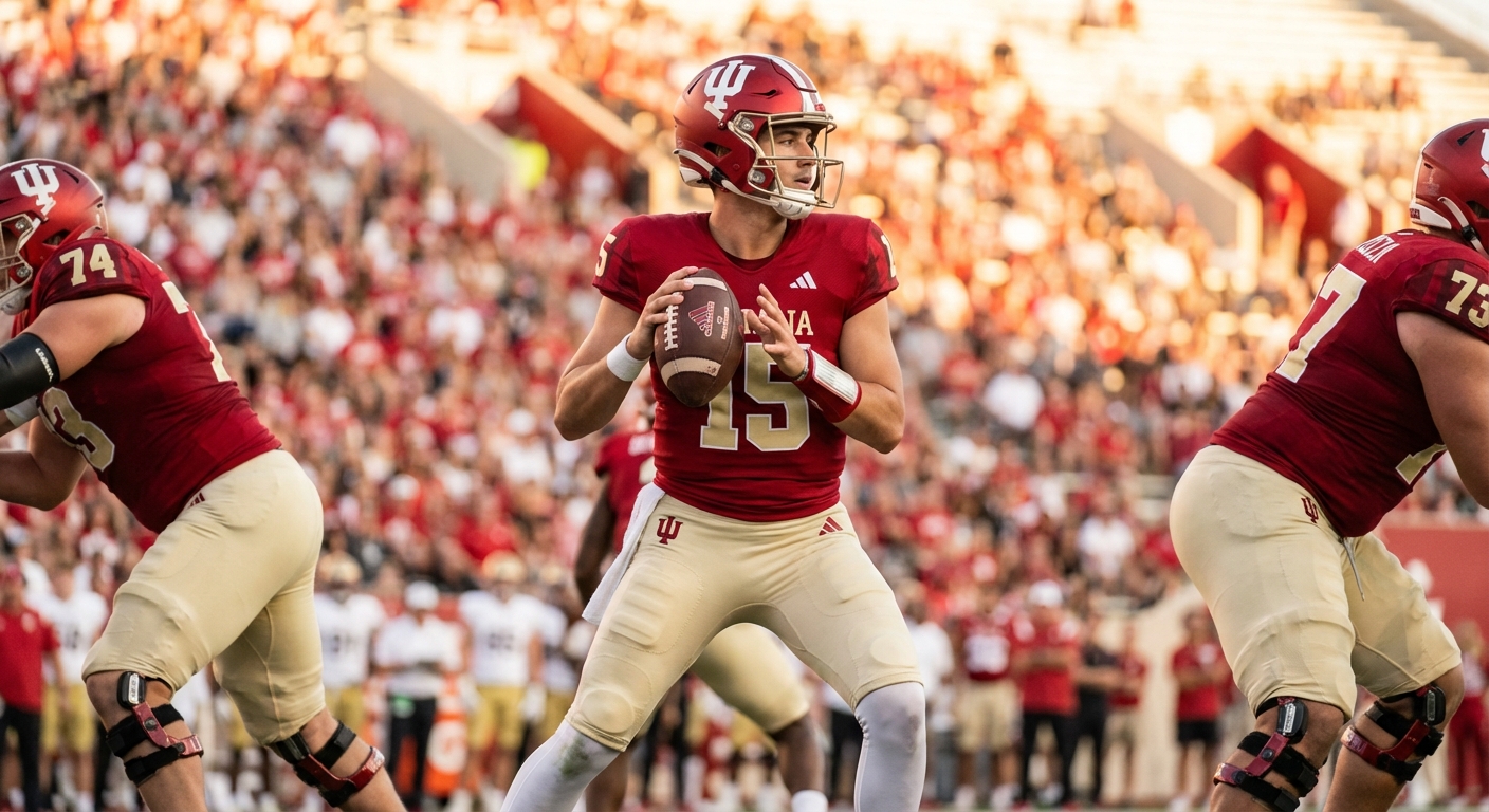 Fernando Mendoza in Indiana Hoosiers uniform dropping back to pass