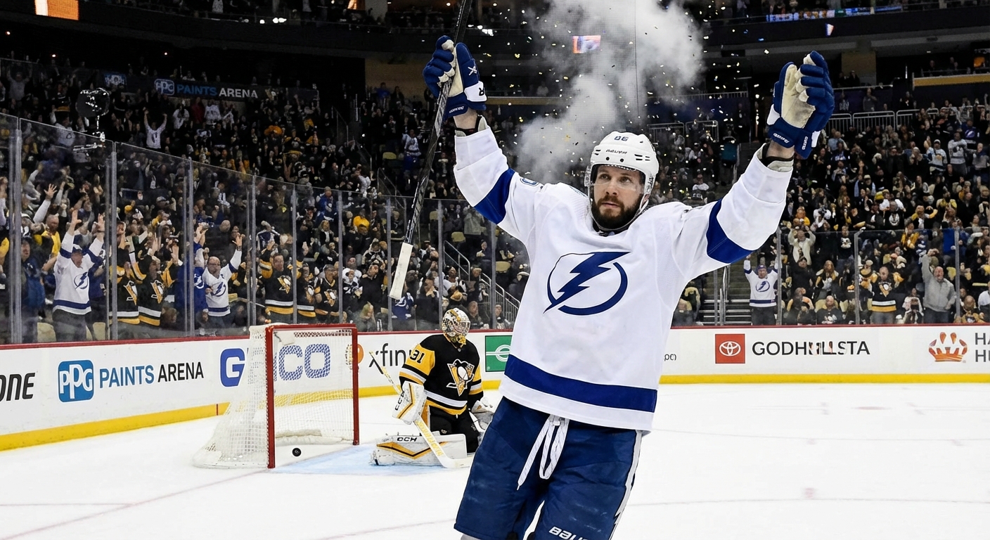 Nikita Kucherov celebrating after scoring the shootout winner