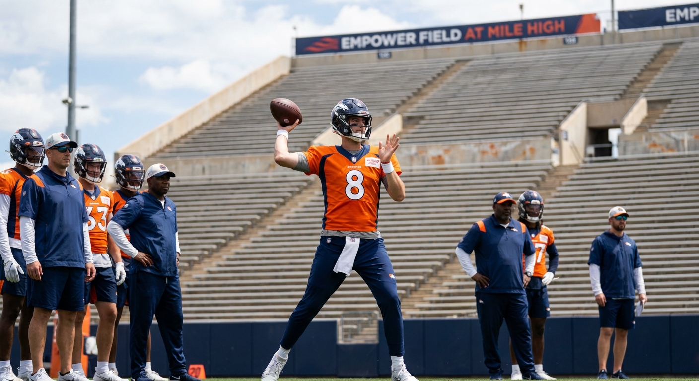 Jarrett Stidham warming up in Broncos uniform at practice