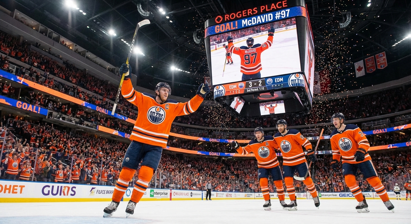 Connor McDavid celebrating after scoring a goal at Rogers Place