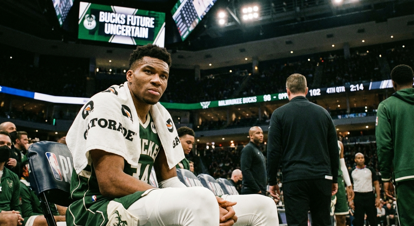 Giannis Antetokounmpo on the bench looking contemplative
