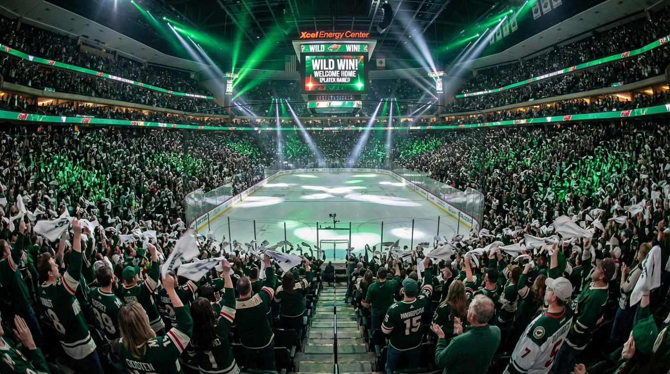 Minnesota Wild fans cheering at Xcel Energy Center during a playoff hockey game