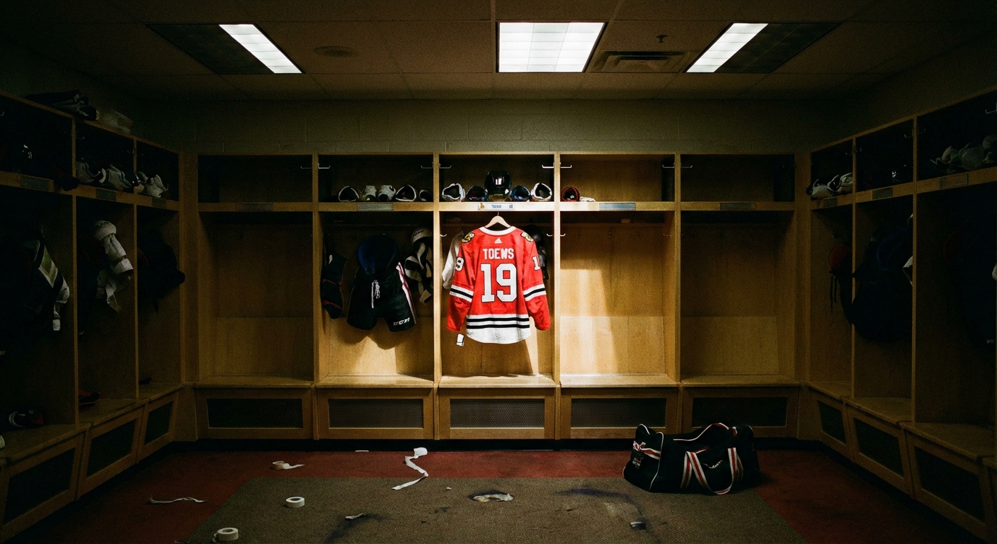 Empty NHL locker room with jerseys hanging in stalls representing a team in transition