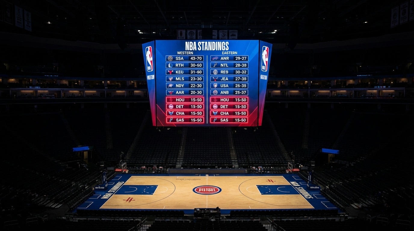 NBA scoreboard showing team standings with several teams clustered at the bottom