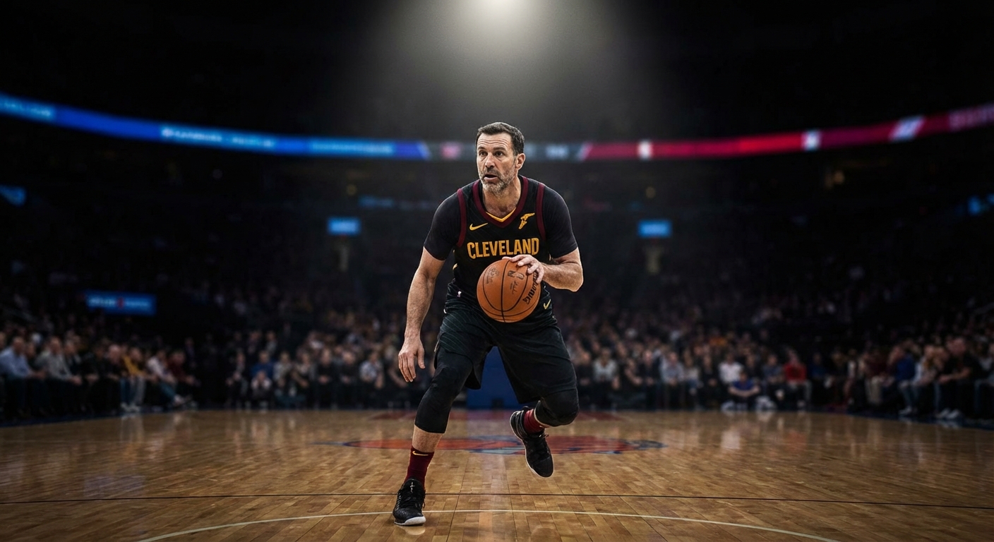 NBA guard dribbling up the court in a Cavaliers jersey under arena spotlights
