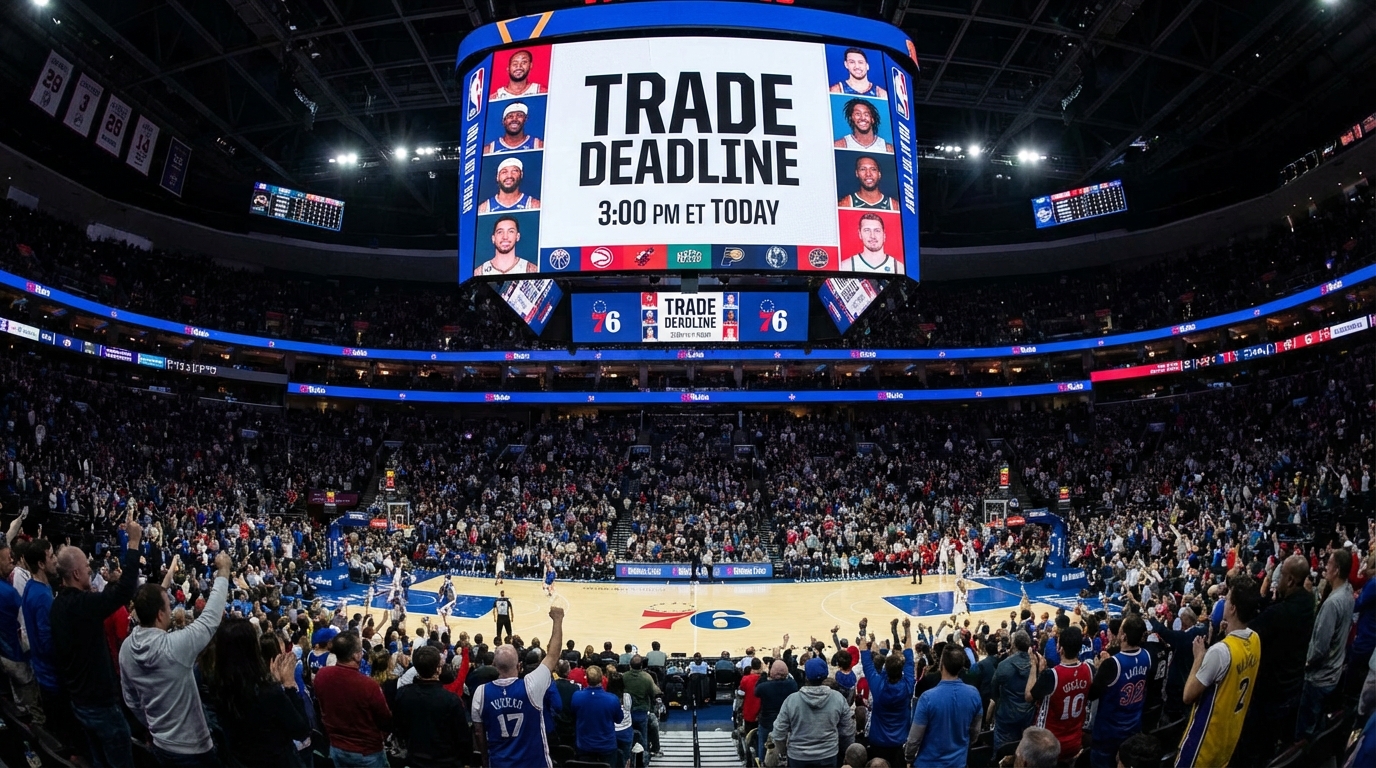 NBA arena jumbotron showing trade deadline countdown clock with team logos