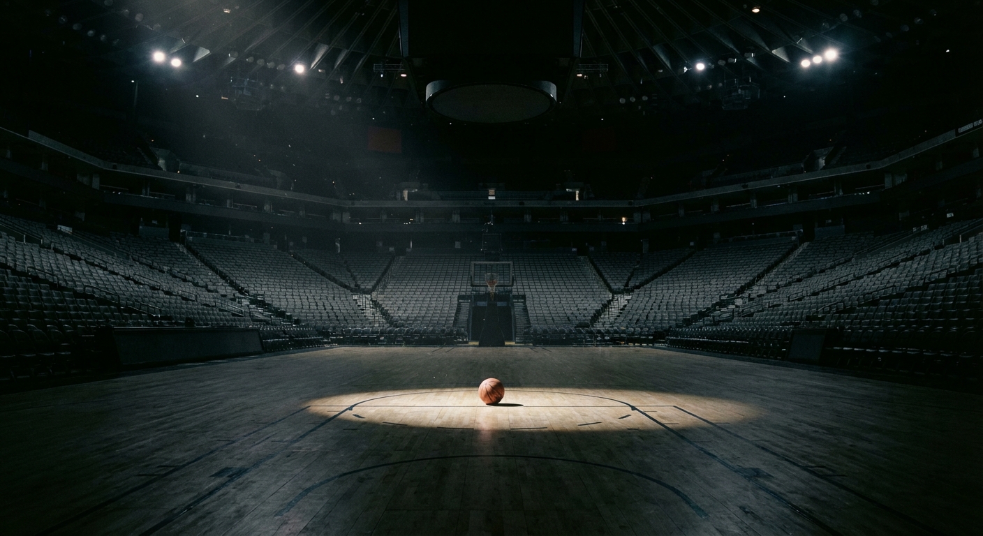 Empty NBA arena seats with a lone basketball on the court symbolizing tanking teams