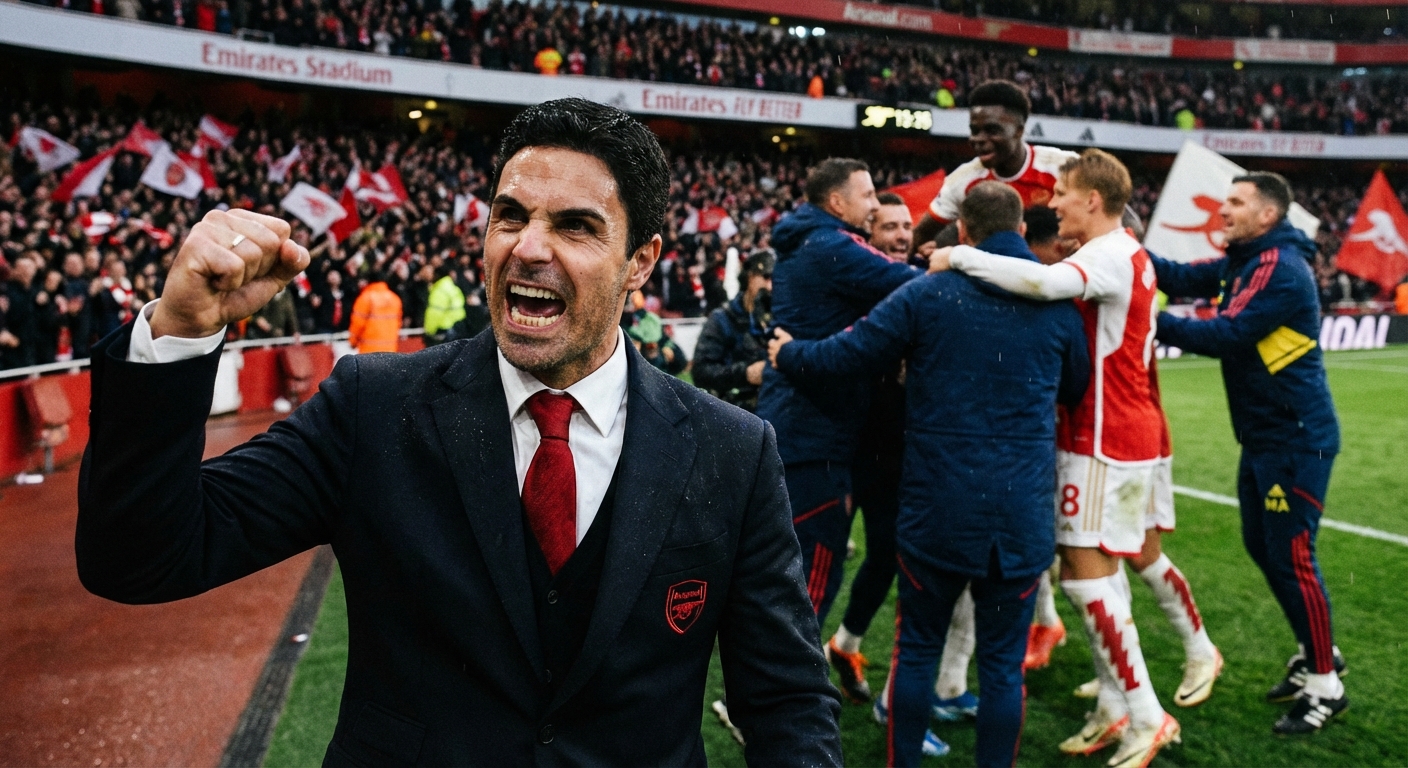 Arsenal manager celebrating a goal from the sideline during a Premier League match