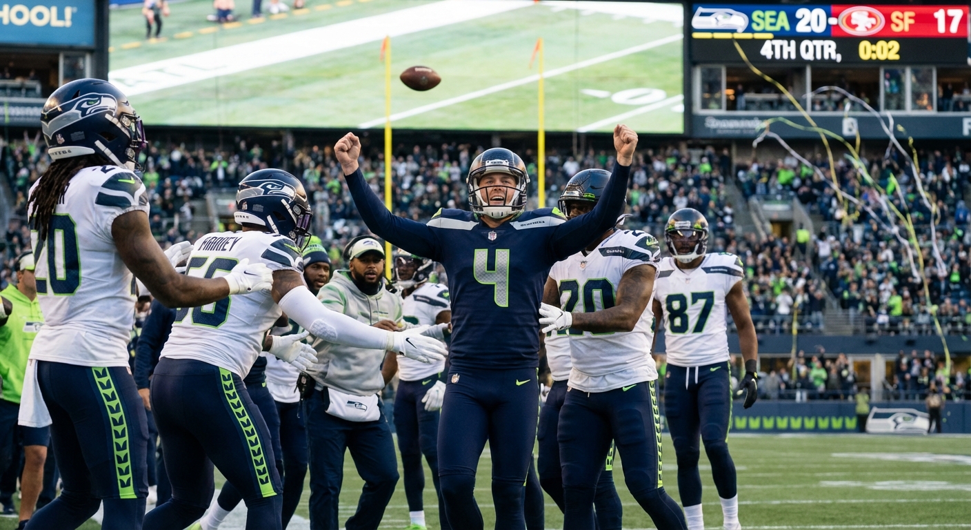 NFL kicker celebrating after making a field goal during the Super Bowl