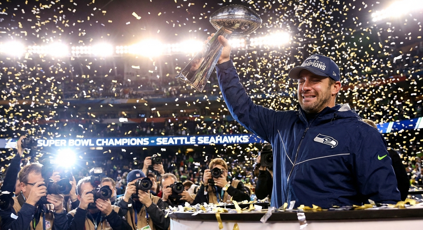 Young NFL head coach holding the Lombardi Trophy on a confetti-covered podium