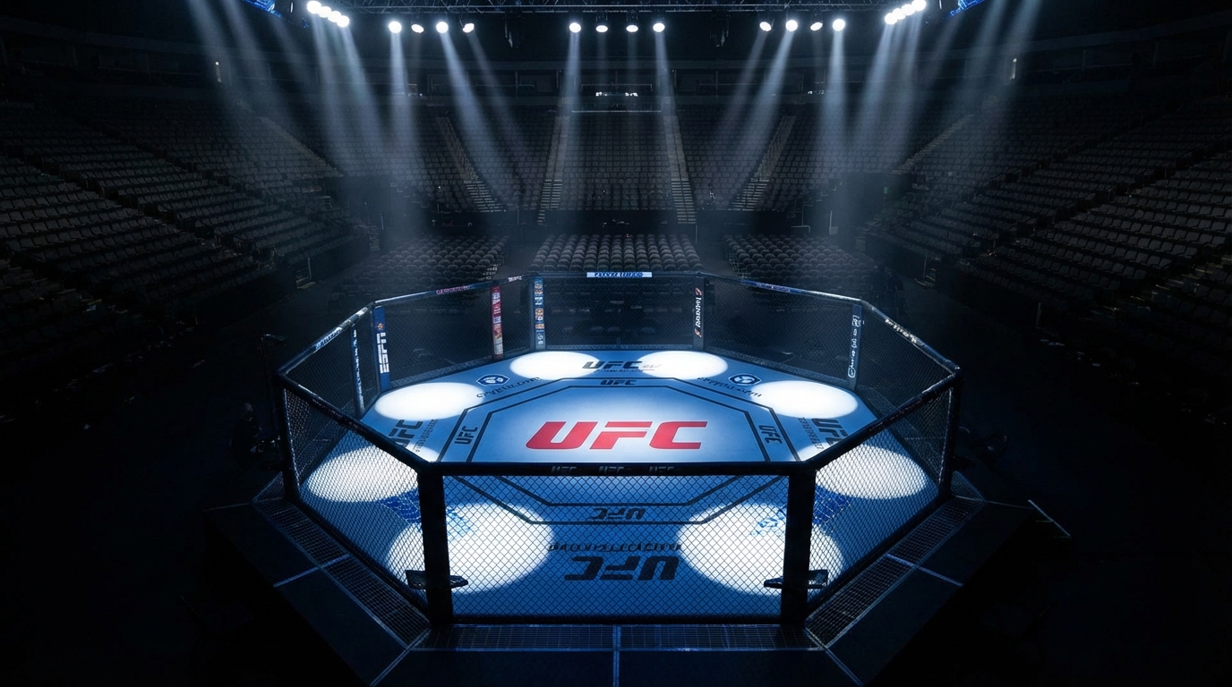 UFC octagon lit up with dramatic spotlights before a main event fight