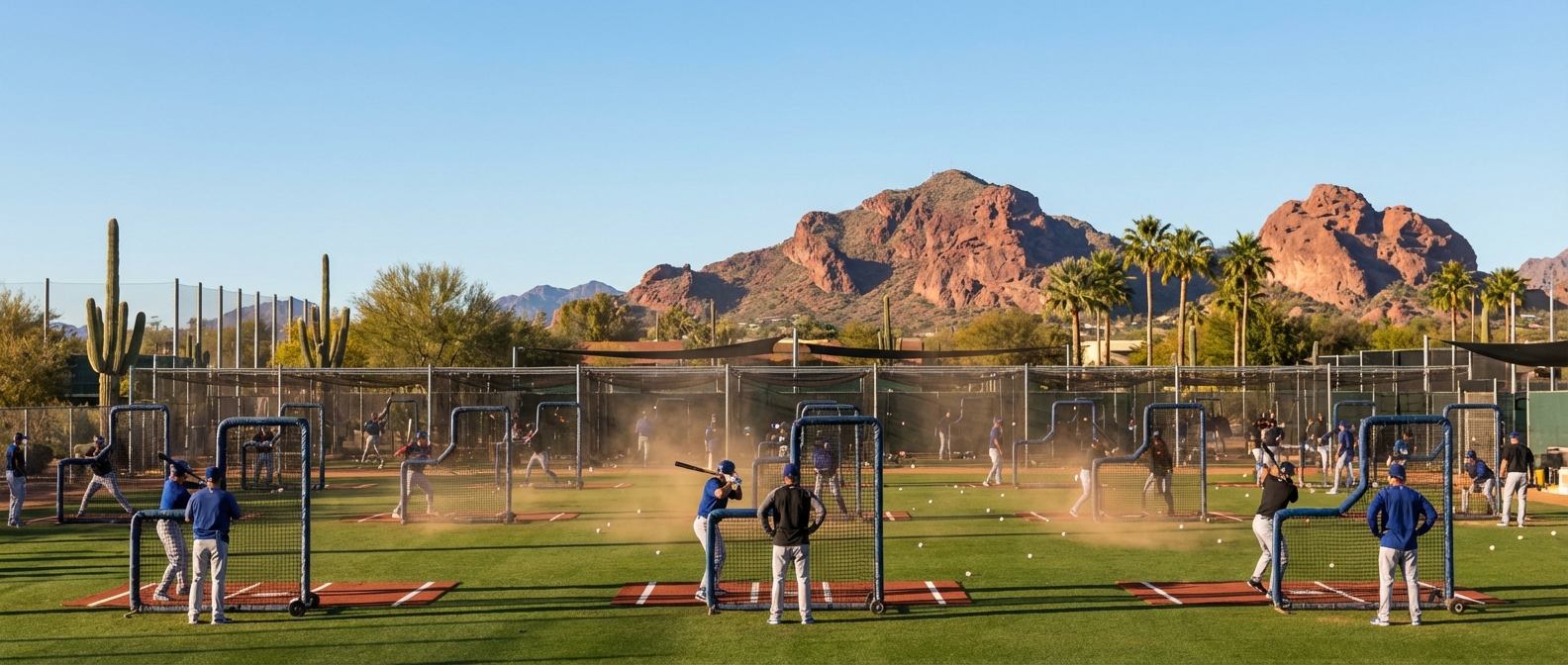 Wide shot of a spring training batting cage with multiple players taking swings