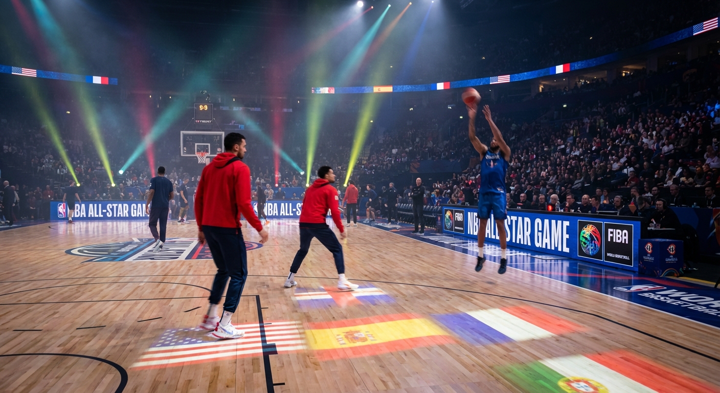 NBA players from different countries warming up on court with national flag graphics