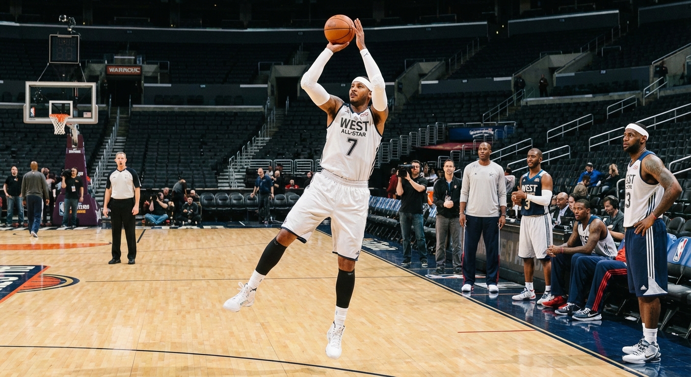 Veteran NBA player shooting a fadeaway jumper during an All-Star warmup session