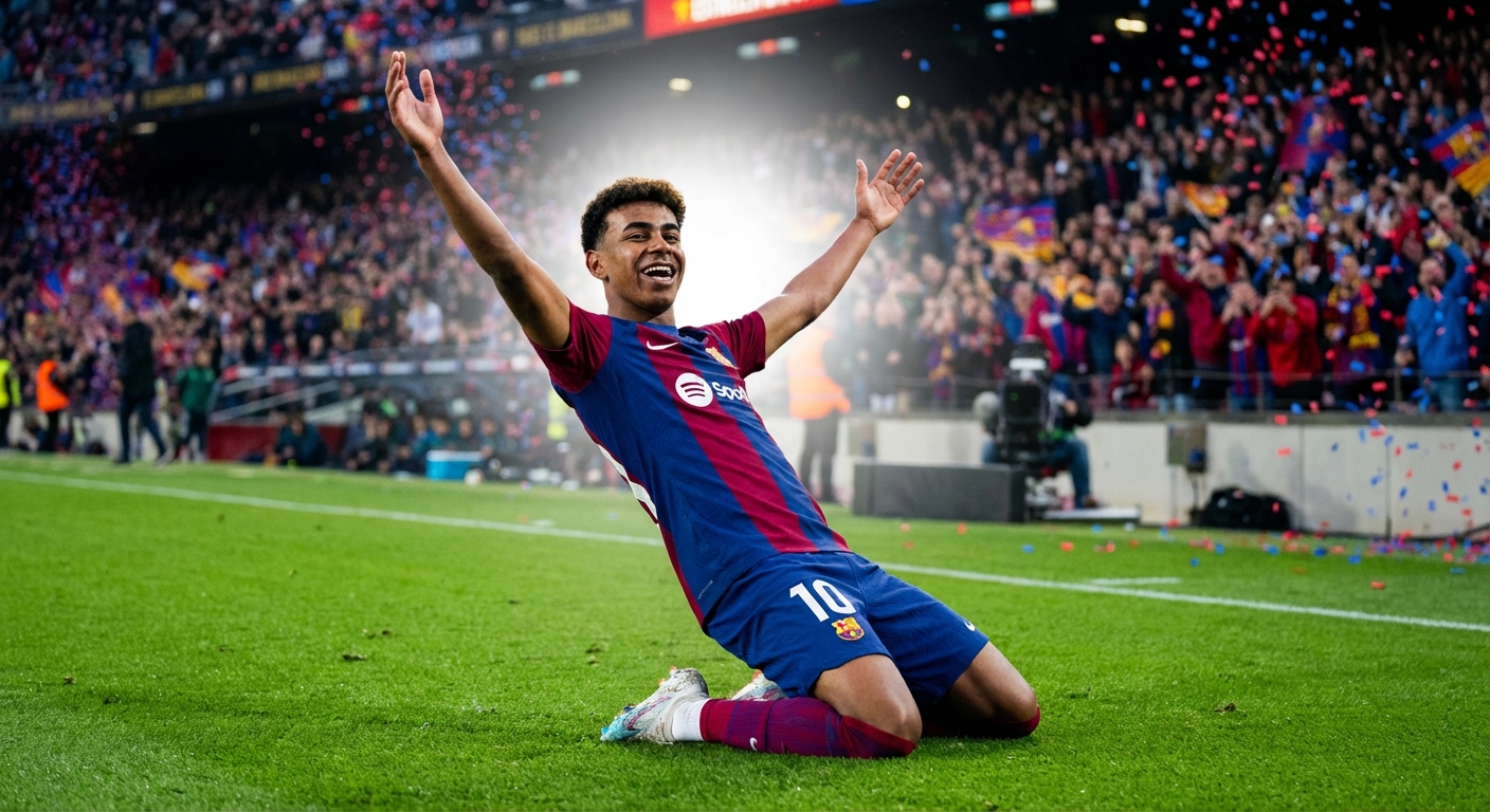 Young football player in a Barcelona jersey celebrating a goal with arms raised