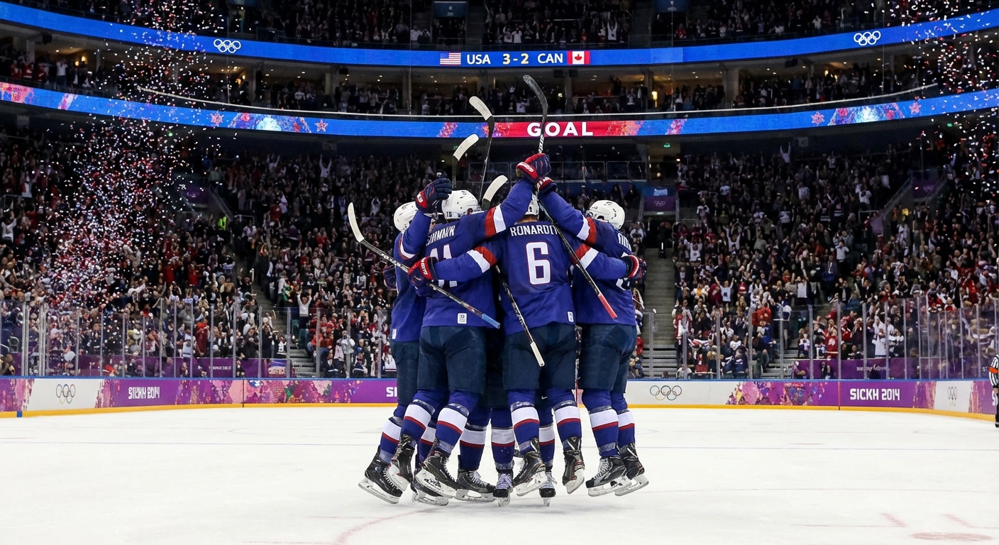 American hockey players in Team USA jerseys celebrating a goal during an Olympic game