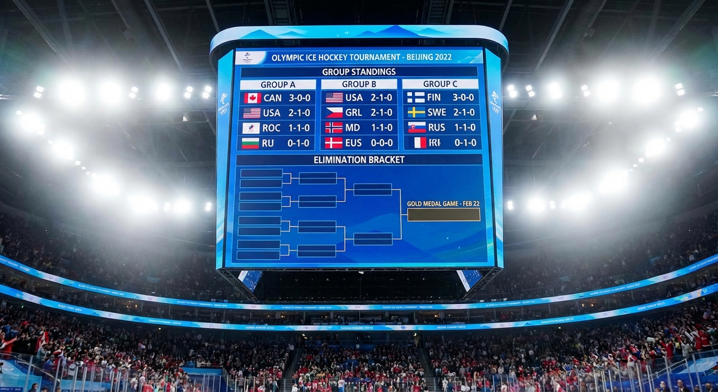 Olympic hockey arena scoreboard showing tournament bracket and group standings