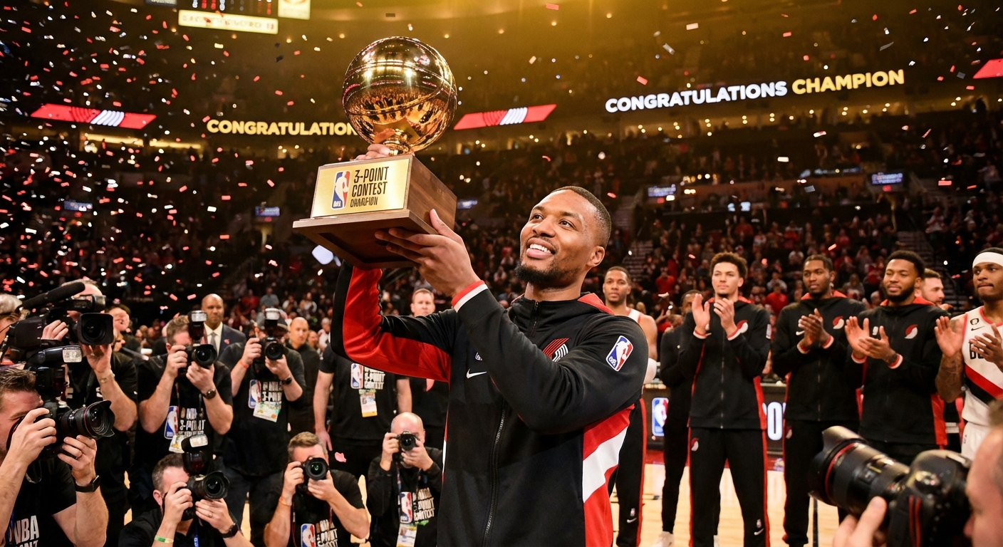 Basketball player holding a trophy surrounded by confetti at an awards ceremony